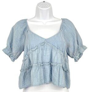 Urban Romantics Babydoll Peasant Style Top Ruffle Detail Open Back Blue Size XS